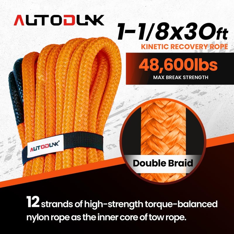 AUTODUNK 1-1/8" x 30' Kinetic Recovery Tow Rope (48,600lbs), with 2 Soft Shackles Offroad Recovery Kit for 4WD Pick Up Truck, SUV, ATV, UTV (Orange) - Image 2